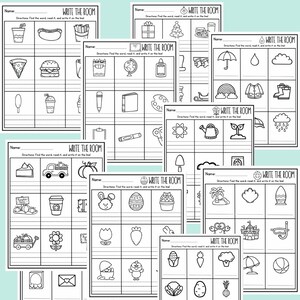 May include: Black and white printable worksheets for kids to practice writing. Each worksheet has a different theme, such as food, animals, and nature. The worksheets include a title, directions, and a grid of images. The directions instruct the child to find the word, read it, and write it on the line.