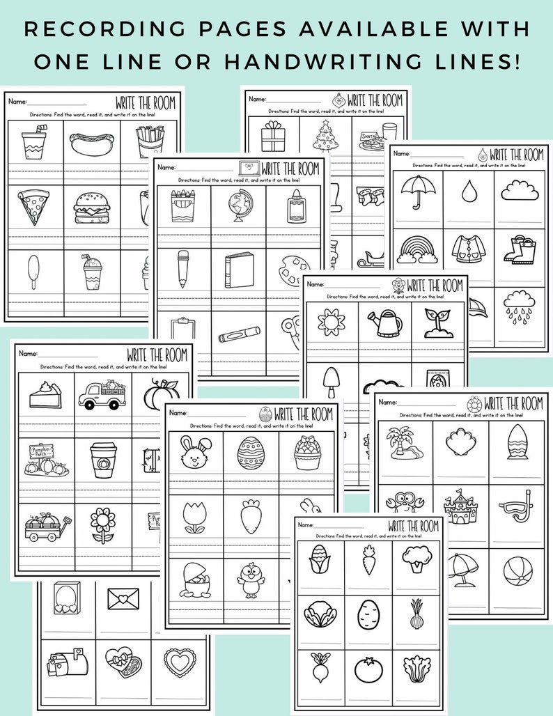 May include: Black and white printable worksheets for kids to practice writing. Each worksheet has a different theme, such as food, animals, and nature. The worksheets include a title, directions, and a grid of images. The directions instruct the child to find the word, read it, and write it on the line.