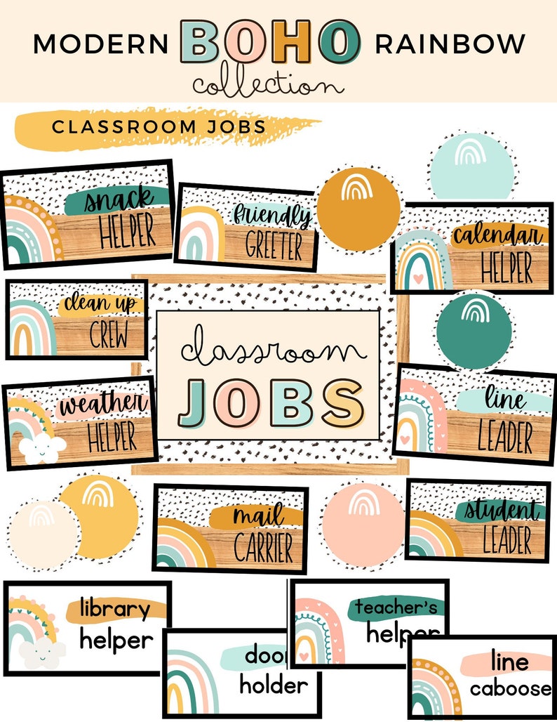 Modern Boho Rainbow Classroom Jobs Display editable Etsy Canada