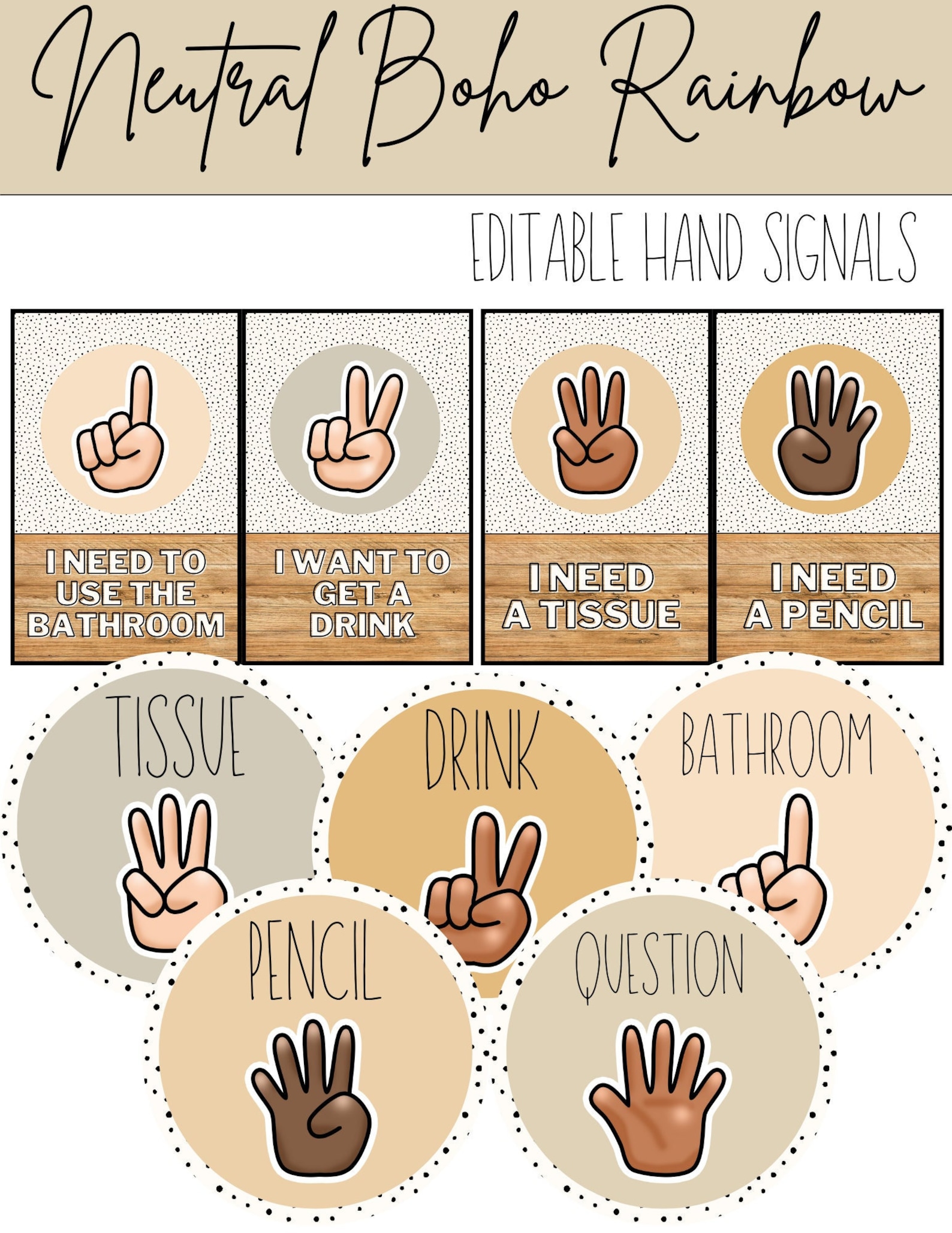 Neutral Boho Rainbow Hand Signals Classroom Posters [editable] - Etsy