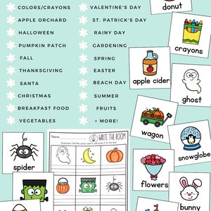 May include: A printable write the room activity for kids featuring Halloween themed images such as a spider, ghost, pumpkin, candy corn, and a cauldron. The activity includes a printable worksheet with lines for students to write the words.