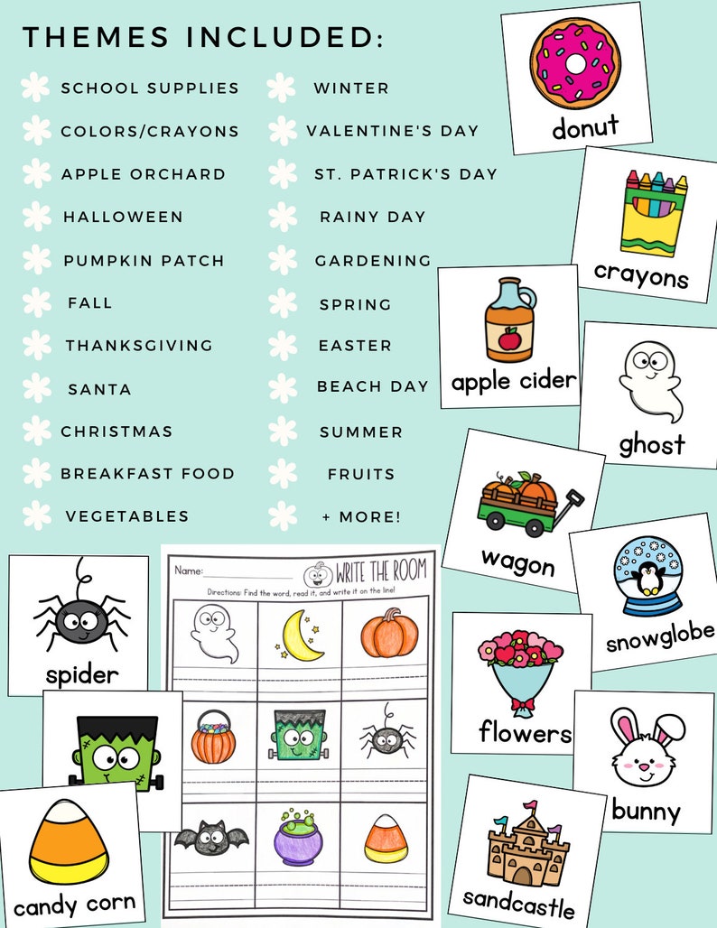 May include: A printable write the room activity for kids featuring Halloween themed images such as a spider, ghost, pumpkin, candy corn, and a cauldron. The activity includes a printable worksheet with lines for students to write the words.