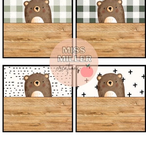 May include: Four printable classroom name tags featuring a brown bear peeking over a wooden sign. Each tag has a different background pattern: green and white plaid, black and white polka dots, black and white plus signs, and green and white plaid.