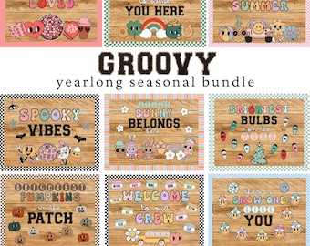 Groovy Seasonal YEARLONG Classroom Decor Bundle, Bulletin Board Kits Holiday Downloads for Elementary School Teacher Festive Classroom