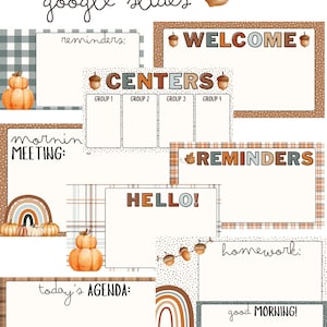 May include: A set of Google Slides templates featuring an autumn theme. The slides include various layouts with fall-themed graphics like pumpkins, acorns, and rainbows. The text on the slides includes "reminders", "welcome", "centres", "morning meeting", "reminders", "hello", "homework", "today's agenda", and "good morning".