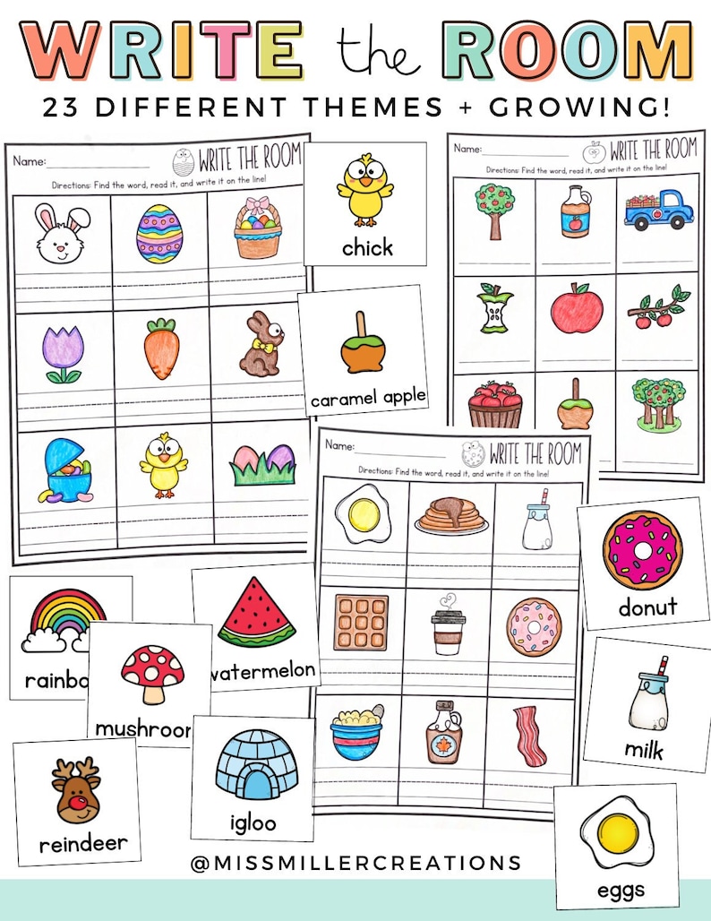 May include: A printable set of 23 Write the Room activity cards featuring various themes, including a chick, caramel apple, donut, rainbow, mushroom, watermelon, igloo, reindeer, milk, and eggs. Each card has a colorful illustration and the corresponding word.