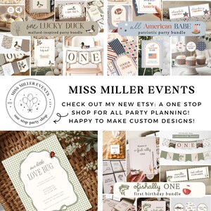 May include: A collection of party planning printables featuring themes like One Lucky Duck, All American Babe, Love Bug, and Ofishally One. The set includes banners, cupcake toppers, and invitation cards with various graphics, text, and patterns.