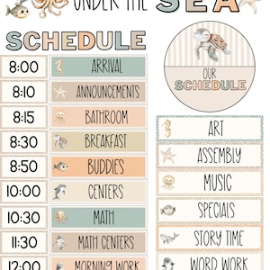 May include: A classroom schedule titled "Under the Sea" with a pastel color scheme. The schedule includes times and activities like "Arrival," "Announcements," and "Math Centers," with sea creature illustrations.