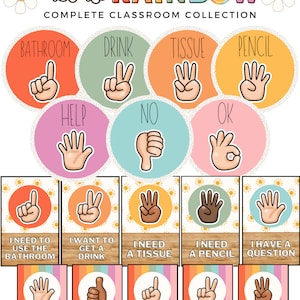 Retro Rainbow Hand Signals Classroom Posters [editable]