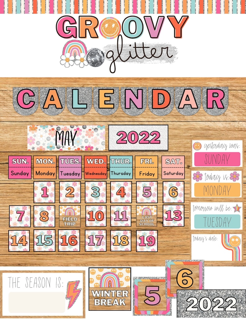Groovy Glitter Classroom Calendar editable Features Etsy