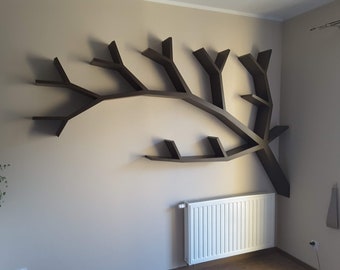 Rustic Tree Branch Wall Bookcase, Handmade Wood Bookshelf
