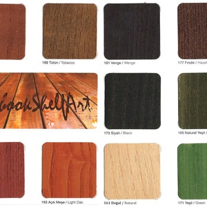 May include: A color chart featuring various wood stain samples. The samples include shades like chestnut, oak, tobacco, wenge, hazelnut, walnut, mahogany, black, natural green, bamboo, cherry, light oak, natural, green, and white. The text "Treeboon ShelfArt" is also visible.