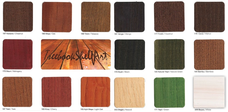 May include: A color chart featuring various wood stain samples. The samples include shades like chestnut, oak, tobacco, wenge, hazelnut, walnut, mahogany, black, natural green, bamboo, cherry, light oak, natural, green, and white. The text "Treeboon ShelfArt" is also visible.