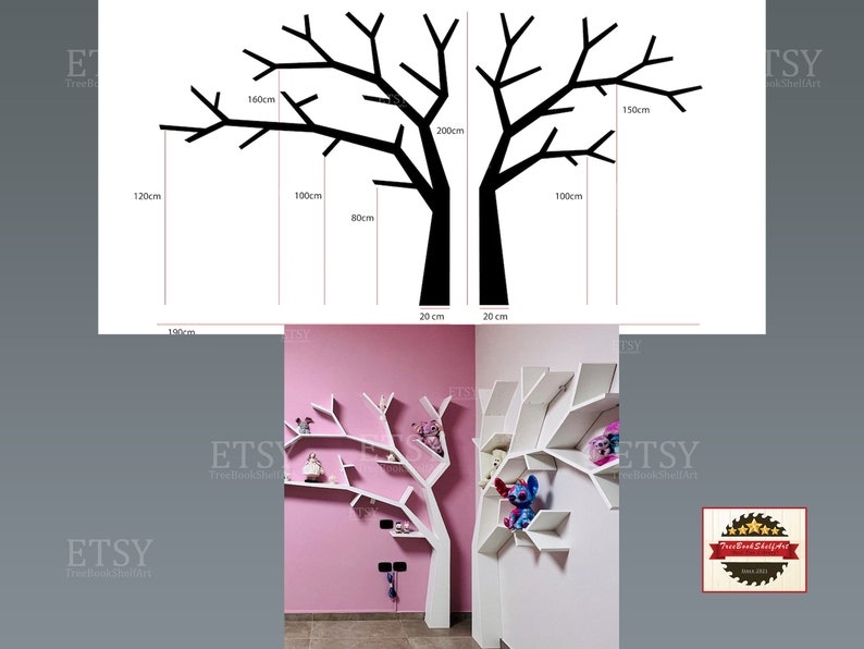 Puede incluir: Una estanter&iacute;a de &aacute;rbol de madera blanca con ramas que se extienden desde la pared. La estanter&iacute;a tiene 200 cm de alto y 150 cm de ancho. La estanter&iacute;a est&aacute; dise&ntilde;ada para parecer un &aacute;rbol con ramas que se extienden desde la pared. La estanter&iacute;a est&aacute; hecha de madera blanca y tiene un acabado natural. La estanter&iacute;a es perfecta para exhibir libros, plantas u otros art&iacute;culos decorativos.