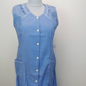 blue polka dots deadstock 60s smock apron garden dress household dress 70s NOS size. 44 XL L house dress apron mid century