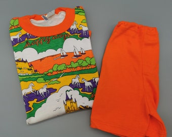 Original 70er Deadstock Kinder Schlafanzug Pyjama 80er zweiteiler Hausanzug kurz Gr.152 NOS