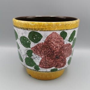Könnte beinhalten: Keramik-Blumentopf mit braunem Innenraum und gelbem Rand und Boden. Die Außenseite ist weiß mit einem Muster aus grünen Blättern und einer großen, strukturierten, kastanienbraunen Blume. Für den Innen- oder Außenbereich geeignet.