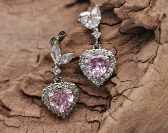 fine 90s vintage earrings 925 silver ear studs zirconia chandeliers Y2K earrings pink hearts