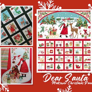 May include: A Christmas advent calendar fabric panel in red and white. The panel features a variety of festive images, including Santa Claus, reindeer, snowmen, and Christmas trees. The numbers 1 to 28 are printed on the panel, along with the text "Dear Santa Makower Christmas Panels".