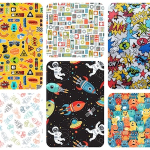 May include: A collage of ten different fabric patterns featuring various designs, including rockets, spaceships, aliens, monsters, and comic book elements. The patterns are in a variety of colours, including yellow, blue, red, green, and black.