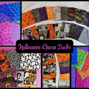 May include: A collection of Halloween charm packs featuring various spooky designs. The charm packs include fabrics with skulls, ghosts, cats, spiders, and other Halloween motifs. The fabrics are in a variety of colours, including black, orange, purple, and green.