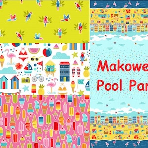 May include: A vibrant fabric design with summer motifs. It features parrots, ice creams, beach scenes, and the text "Makower Pool Party". The patterns are in bright colours such as pink, yellow, and blue.