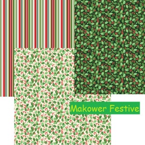 Makower Festive Christmas metallic Fabric Floral holly trail and traditional stripe red green white FQ & 1/2 yard 100% cotton free P+P