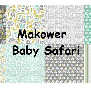 Makower Baby Safari Jungle Fabric FQ 1/2 yard Panel Grey neutral teal Nursery newborn elephant tiger giraffe monkey 100% cotton free P+P