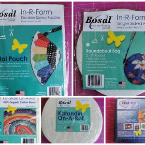 May include: A collection of fabric and craft supplies for sewing and quilting projects. The image includes a white roll of Katandin On-A-Roll 100% Organic Cotton Blend, a pack of Bosal In-R-Form Double Sided Fusible, a pack of Bosal In-R-Form Single Sided Fusible, and a pack of Craf-Tex Lite Craft Pack.