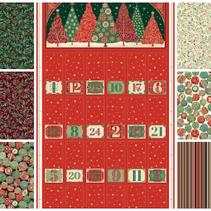 May include: A fabric panel featuring a central red advent calendar with numbered squares and a row of Christmas trees, surrounded by six smaller fabric swatches with patterns of holly, berries, Christmas ornaments, and vertical stripes.