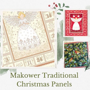 May include: Three Christmas fabric panels featuring a traditional angel design, a red and white advent calendar with an angel, and a green panel with red robins and holly.