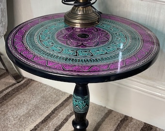 Hand Painted Round Tripod Wooden Occasional Side Wine Table with Blue, Orange and blue and purple Patterned Top