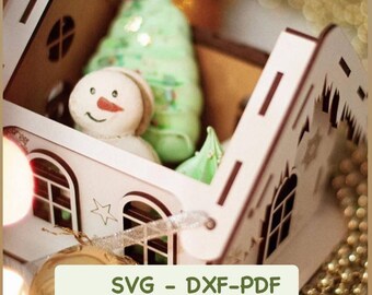 Christmas house svg , house for gifts svg dxf , Christmas Village SVG , sweet house svg , Christmas svg , lasercut , Snowy Miniature House