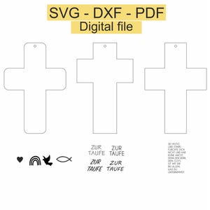 May include: A digital file for a cross-shaped bookmark with the text "Zur Taufe" repeated four times. The file is available in SVG, DXF, and PDF formats. The image also includes a heart, rainbow, dove, and fish.