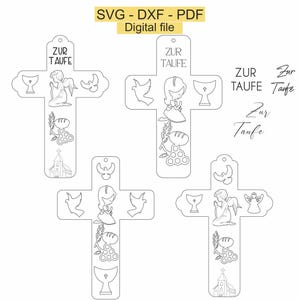 May include: A black and white printable design for a cross-shaped bookmark with the text "Zur Taufe" and images of a dove, a chalice, a church, bread, and grapes.
