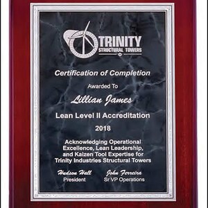May include: A red wooden plaque with a silver border and a black marble background. The plaque features a silver logo of a compass with the text "TRINITY STRUCTURAL TOWERS". The text "Certification of Completion" is printed in silver, followed by "Awarded To Lillian James" and "Lean Level II Accreditation 2018". The text "Acknowledging Operational Excellence, Lean Leadership, and Kaizen Tool Expertise for Trinity Industries Structural Towers" is printed in silver. The plaque also includes the names "Hudson Hall President" and "John Ferreira Sr VP Operations" in silver.