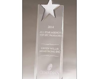 Trofeo de cristal con estrella plateada: premio personalizable para reconocimiento, logros y obsequios corporativos