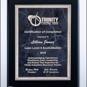 May include: A framed certificate with a black border and a marble-patterned background. The certificate, awarded to Lillian James, is for Lean Level II Accreditation from Trinity Structural Towers. The text is in silver.