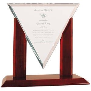 May include: A glass triangle award with a mahogany base and two mahogany uprights. The award has a silver inscription that reads "Service Award", "Presented to Charles Long", "In recognition of years of invaluable service to the nursing profession and the community", and "by Montserrat Nurses Association".