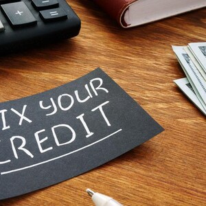 May include: A wooden desk with a calculator, a notepad with the text "FIX YOUR CREDIT", a pen, a stack of hundred-dollar bills, and a closed book. The notepad is black with white lettering.