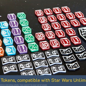 May include: A set of 55 colorful plastic tokens for the Star Wars Unlimited game. The tokens include numbers, symbols, and text. The tokens are compatible with the Star Wars Unlimited game.