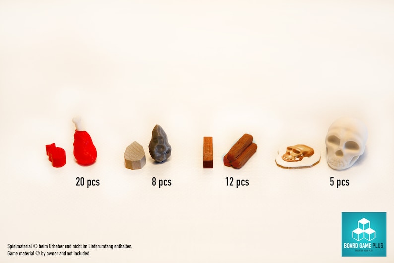 K&ouml;nnte beinhalten: Ein Satz Spielsteine f&uuml;r ein Brettspiel. Die Spielsteine sind aus Plastik und Holz und beinhalten rotes Fleisch, graue Steinwerkzeuge, braune Holzscheite, einen Sch&auml;del und einen menschlichen Sch&auml;del. Die Spielsteine sind in einer Reihe auf einer wei&szlig;en Oberfl&auml;che angeordnet, wobei die Anzahl der Spielsteine in jeder Gruppe darunter aufgef&uuml;hrt ist.