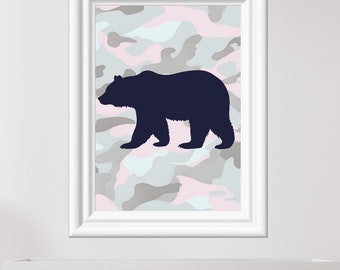 Pink Camo Bear Nursery Art, Navy Silhouette (Digital Download)