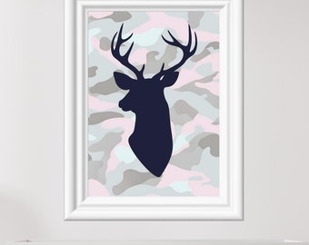 Pink Camo Deer Silhouette Print, Hunter Baby Room Decor (Digital Download)