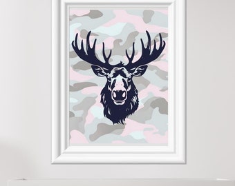 Pink Camo Moose Baby Room Art, Outdoorsman Nursery Decor (Digital Download)