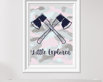 Pink Camo Axe Baby Room Art, Little Explorer Print (Digital Download)