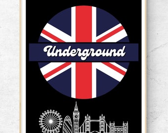 London Underground Art Print, Retro Skyline Poster (Digital Download)