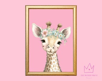 Digitales Giraffen Poster für Kinderzimmer - Giraffe Boho – Süße Blumenkranz Giraffe auf Rosa – Babyzimmer Mädchen Wanddeko zum Ausdrucken