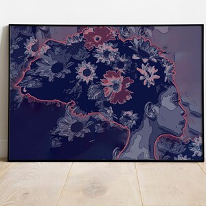 May include: A framed art print depicting a person with a floral headdress. The artwork uses navy blue, pink, and grey tones. The print is displayed on a white wall above a wooden floor, adding a touch of elegance to the space.