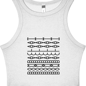 May include: A light gray tank top with a crew neck and a series of black geometric patterns across the front. The patterns include lines, diamonds, and zigzags, creating a modern, minimalist design.